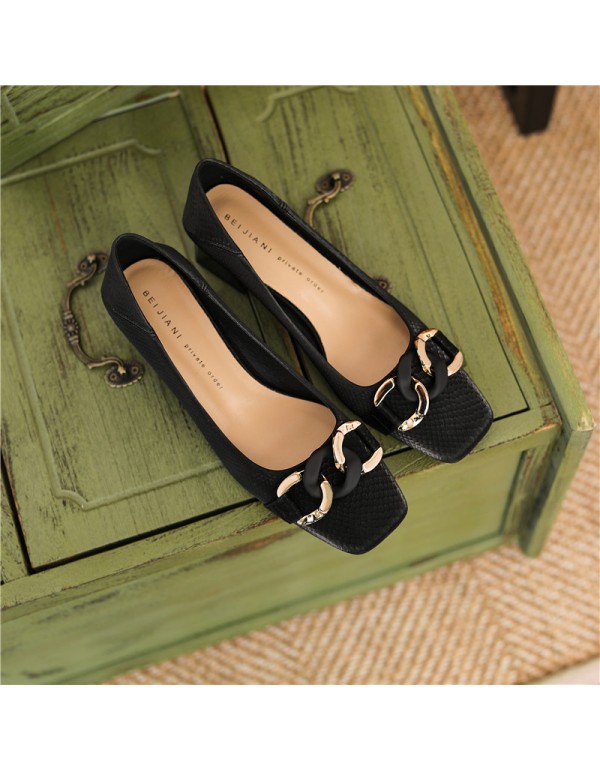 332-16 sheepskin snake pattern square head high-heeled shoes women's thick heel middle heel single shoes black work shoes soft leather can be worn for two steps 