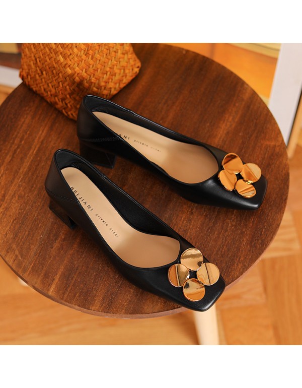 332-20 clover metal buckle soft leather sheepskin high heels women's thick heel square head shallow mouth single shoes can step on heels 