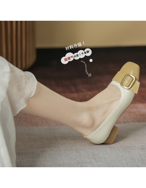 Square head thick heel shoes women's 2021 autumn new style square buckle soft and versatile shallow mouth middle heel grandma's shoes women's work shoes 