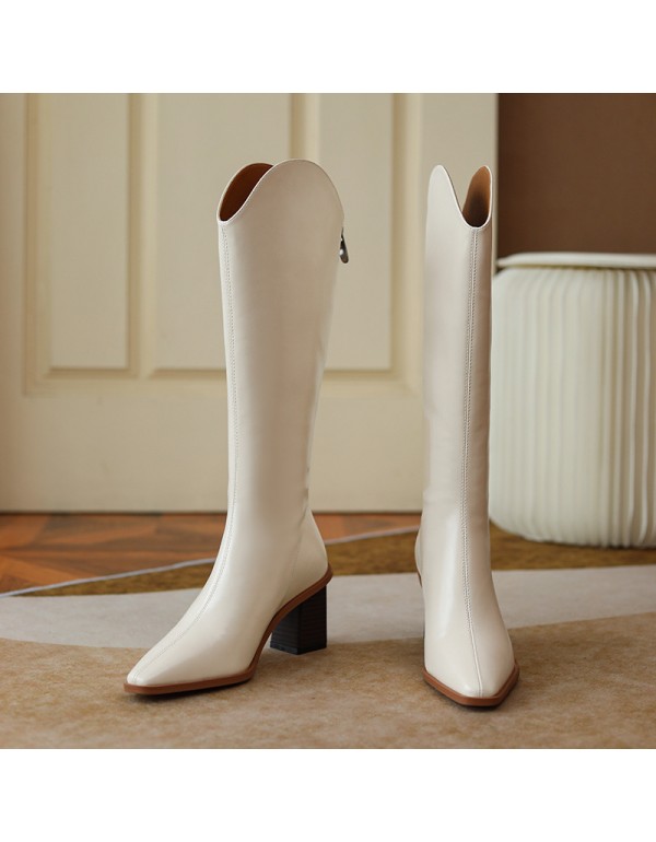 756-13 western cowboy boots women's thick heel below knee high Knight boots small man zipper wooden heel after autumn and winter 