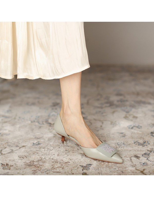 778-55 Korean style high heels women's pointed thin heels medium heels 2021 autumn new square button Rhinestones 