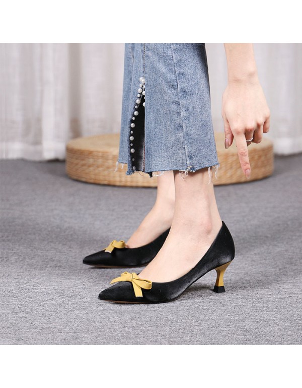 Spring 2022 new fashion bowknot pointed thin heel low top solid color daily leisure high-heeled fashion women's shoes