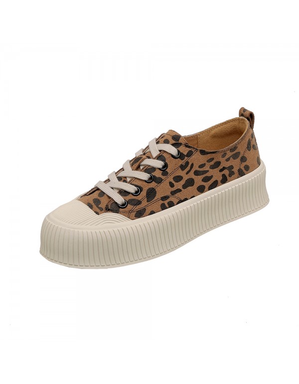 Little white shoes women 2022 new leisure style show feet thin biscuit fashion round head thick bottom canvas leopard print single shoes women