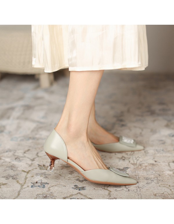 778-55 Korean style high heels women's pointed thin heels medium heels 2021 autumn new square button Rhinestones 