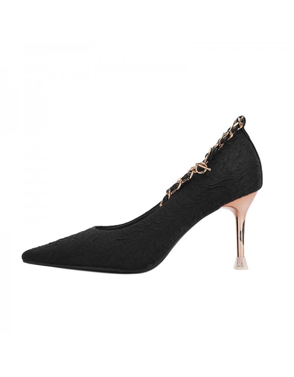 999-3 Satin solid color high-heeled shoes women's pointed thin heel flat buckle sheepskin single shoes temperament black work shoes 