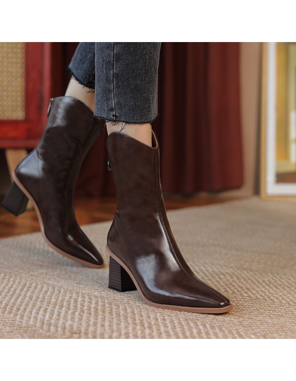 756-12 retro style thick heel short boots women's high heels thin in autumn and winter pointed v-mouth Western Cowboy Boots short barrel wooden heel 
