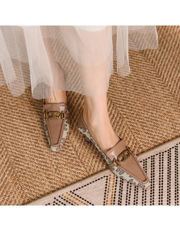 9318-1 sheepskin splicing French retro small square head high heels women's thick heel metal buckle single shoes can step on heels 