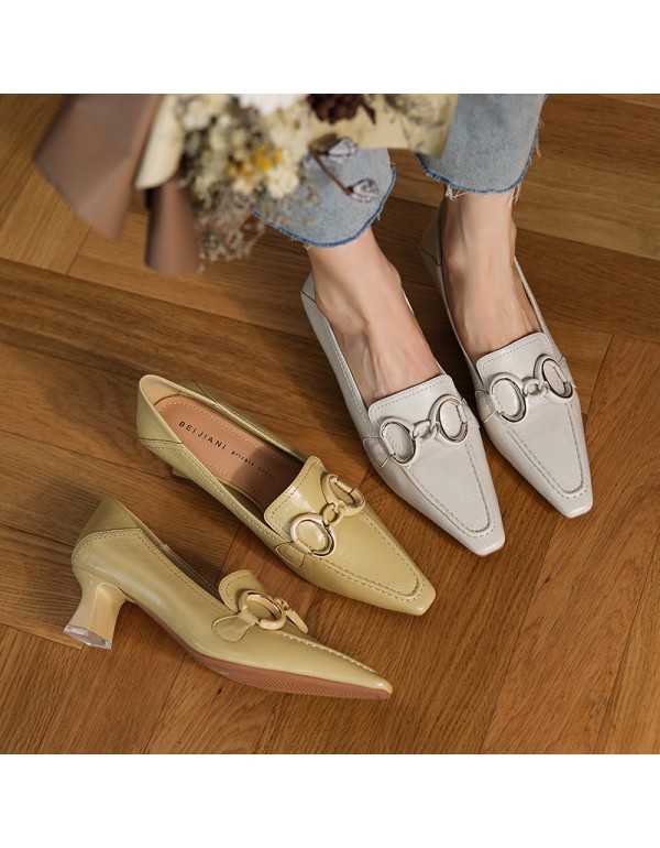 9318-7 super soft sheepskin small square head high heels women's thick heel retro temperament single shoes can step on heels and wear metal buttons 