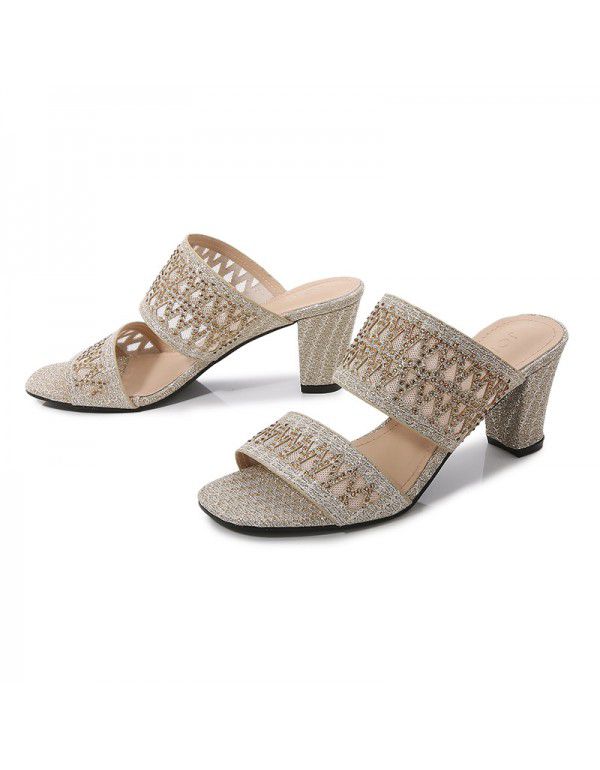 Southeast Asia independent station new style square head hollow sleeve thick heel high heels women's 2021 cross-border European and American fashion sandals 