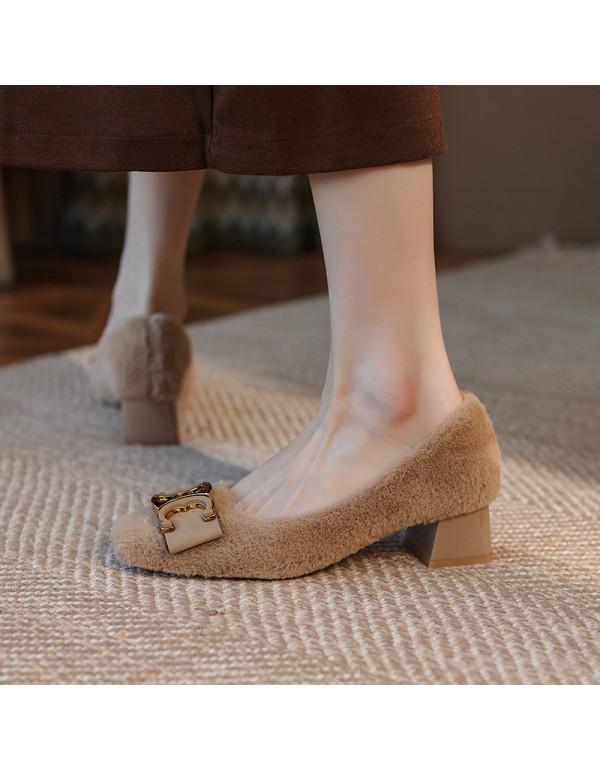 332-31 retro chic plush shoes women wear Plush Mary Jane single shoes in autumn and winter, square head thick heel cotton shoes 