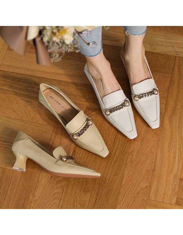 9318-10 sheepskin small square head high heels women's thick heel soft leather pearl chain French retro single shoes can step on heels 