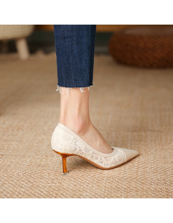 175-402021 spring new Korean chic side air pointed shallow mouth thin heel single shoes mesh high heels women's shoes 