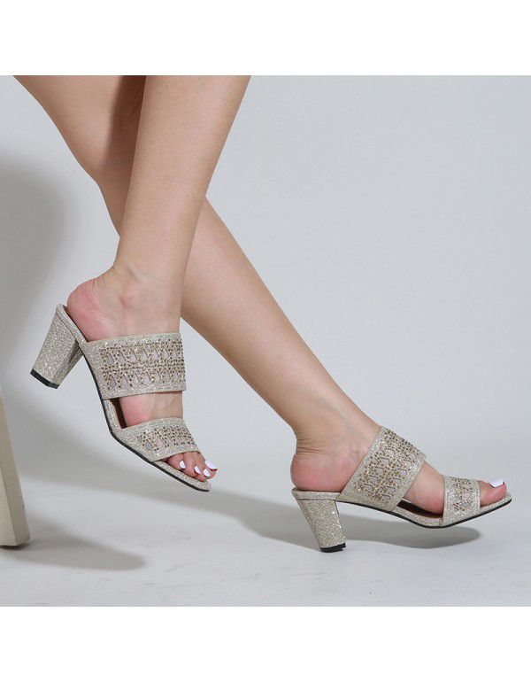Southeast Asia independent station new style square head hollow sleeve thick heel high heels women's 2021 cross-border European and American fashion sandals 