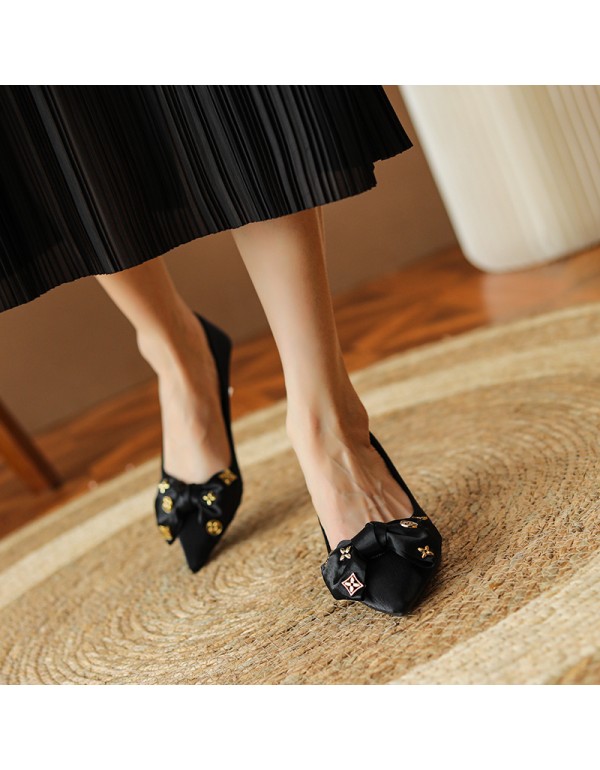 336-12 French high heels women's pointed thin heels bow knot low heels Kitten Heel single shoes sheepskin temperament wedding shoes 