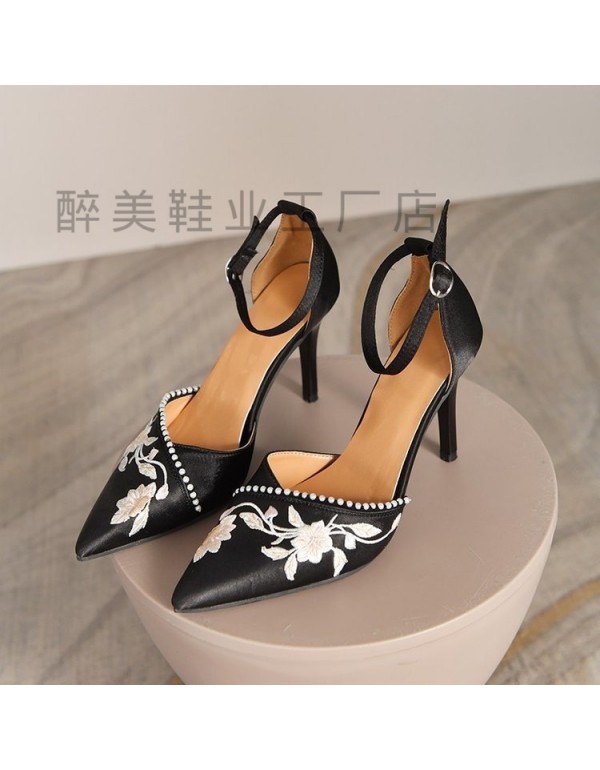 Cross border women's shoes autumn pointed high heels embroidered fashion sandals word buckle thin heel side empty single shoes wish hot sale 