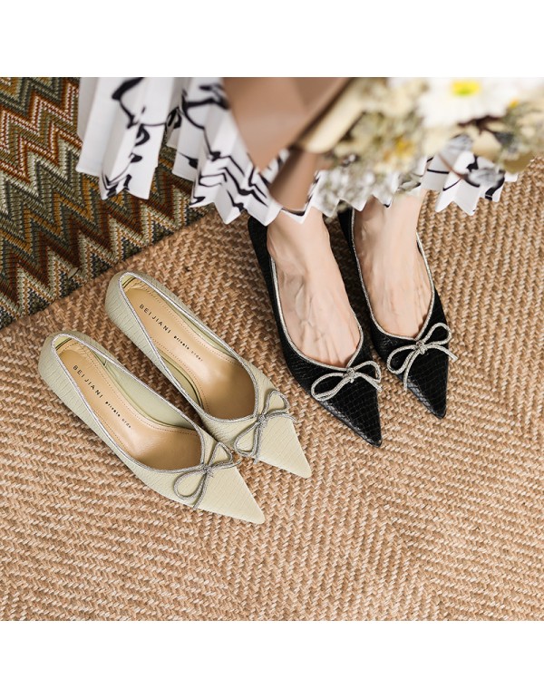 3186-1 sheepskin insole pig skin inner crack Rhinestone bow high heels women's pointed thin heel shoes autumn 