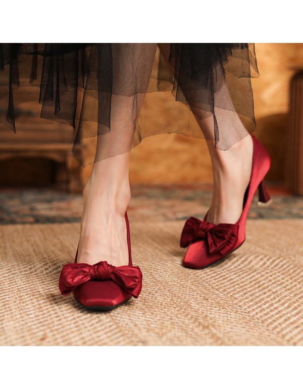 166-28 Chinese style Xiuhe bride shoes sheepskin silk satin wedding shoes women's head high heels bow Red single shoes 