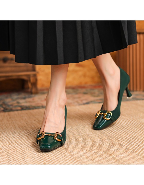 166-31 dark green high-heeled shoes women's thin heel square head splicing shallow sheepskin metal buckle single shoes design sense of minority 