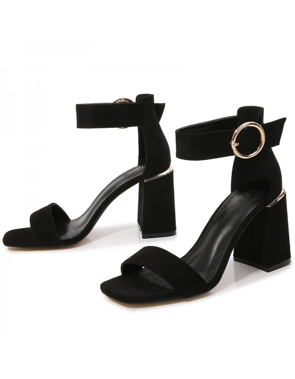 Summer European and American average size black square head thick heel suede buckle high heels women's 2021 new casual fashion sandals 
