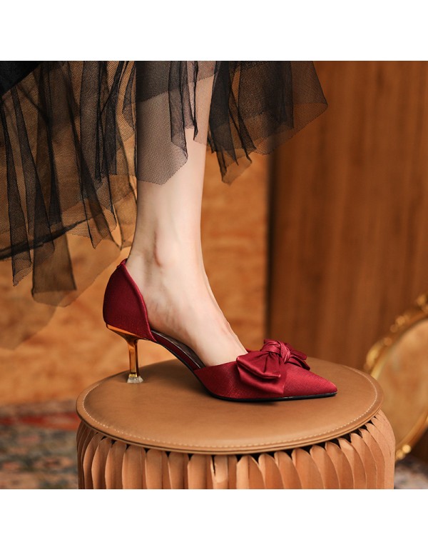 175-21 wine red wedding shoes Xiuhe high heels women's thin heels pointed single shoes not tired feet bride shoes soft leather 