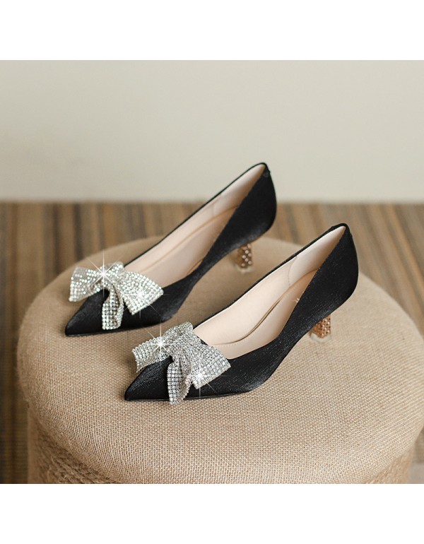 1688-8 high heels women's pointed stiletto bow Satin Wedding Shoes Size 34-39 