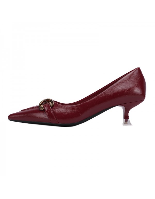 3186-5 sheepskin French Retro High Heels women's pointed thin heel medium heel single shoes metal buckle 2021 autumn new 