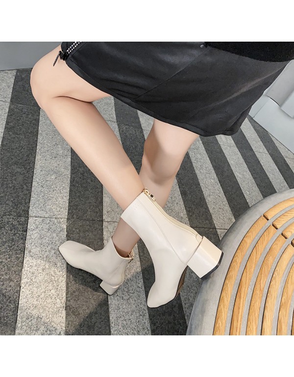 Autumn and winter 2022 new net red thin boots square head Plush middle tube thick heel zipper small shoes fashion women's Boots