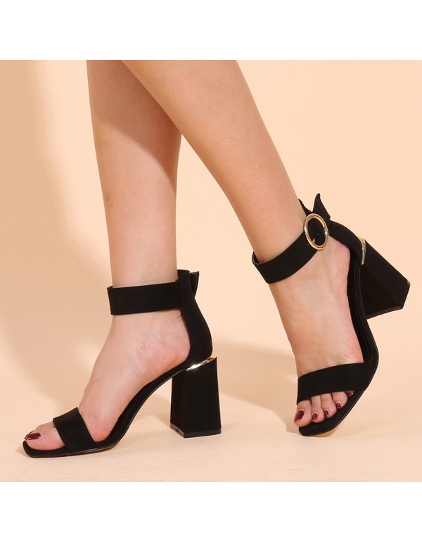Summer European and American average size black square head thick heel suede buckle high heels women's 2021 new casual fashion sandals 