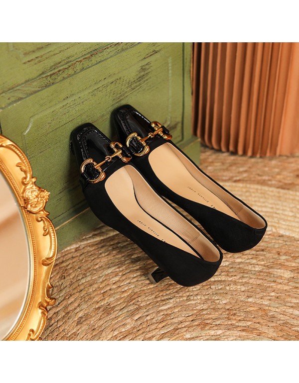 166-31 dark green high-heeled shoes women's thin heel square head splicing shallow sheepskin metal buckle single shoes design sense of minority 