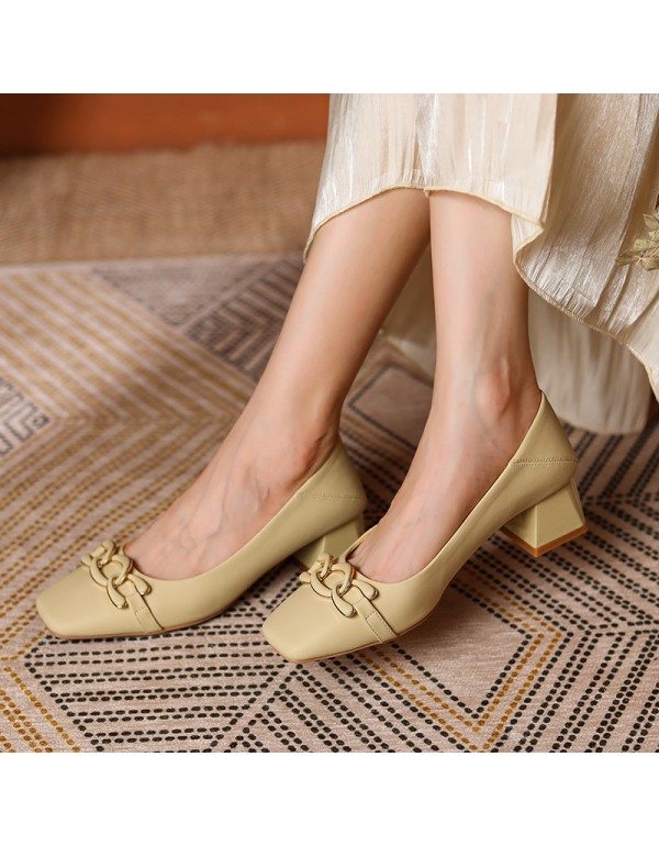 332-11 sheepskin French retro square head high heels women's thick heel shallow mouth single shoes can step on heels ins damp soft leather autumn 