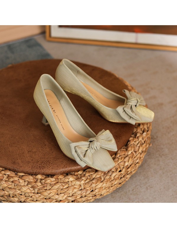 166-28 Chinese style Xiuhe bride shoes sheepskin silk satin wedding shoes women's head high heels bow Red single shoes 
