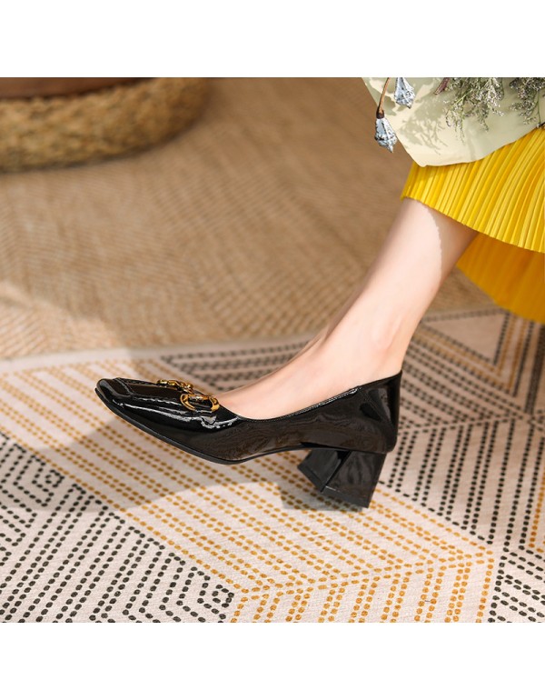 332-1 horsetail buckle thick heel shoes 2021 autumn new style square head retro sheepskin two wear high heels 