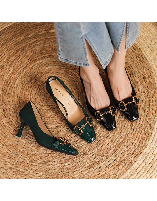 166-31 dark green high-heeled shoes women's thin heel square head splicing shallow sheepskin metal buckle single shoes design sense of minority 