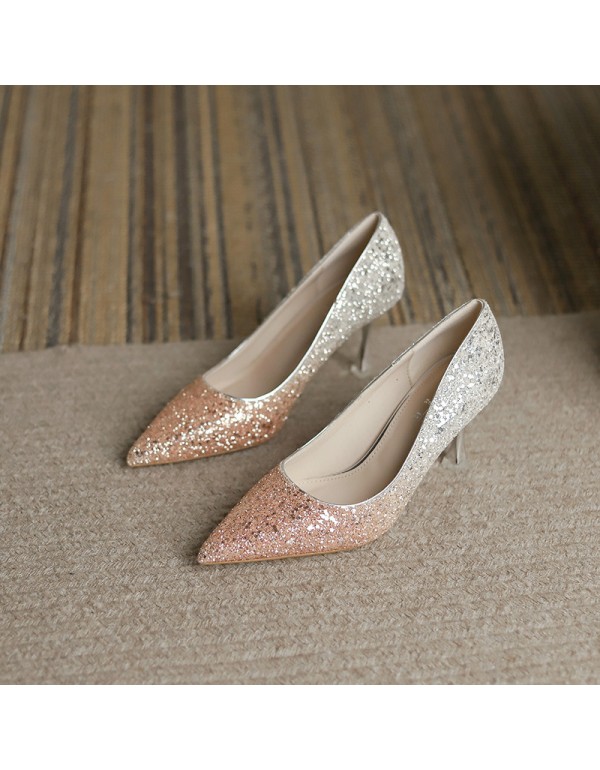 2021 autumn new versatile Sequin showsuit high sense crystal wedding shoes bride shoes high heels thin heels French style 