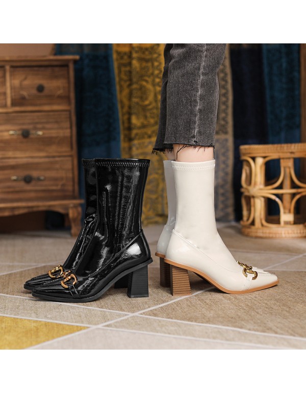 756-1 European and American metal buckle splicing thick heel high heel short boots women's side zipper small square head patent leather single boots fashion boots 