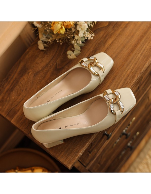 332-5 sheepskin retro middle heel Mary Jane shoes high heels women's shallow mouth square head metal buckle single shoes can be worn for two times 