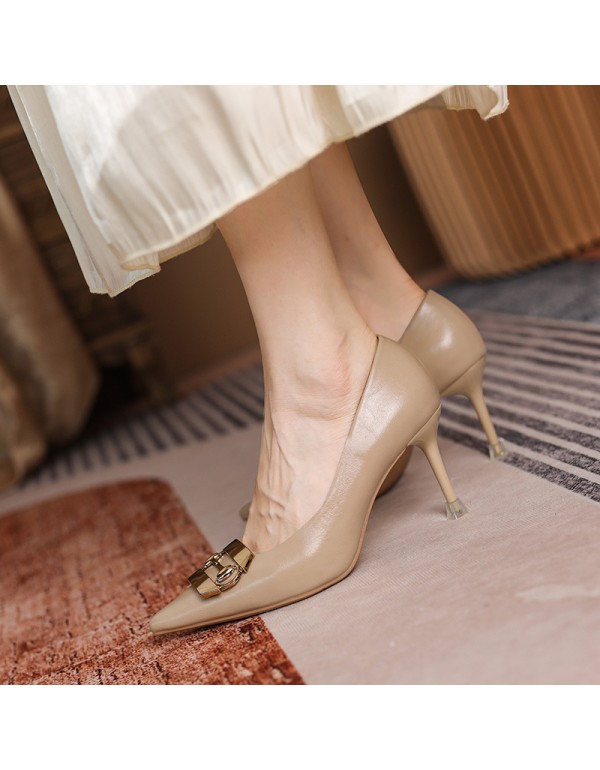 999-18 pointed metal buckle high heels fall 2021 new French thin heel professional commuting temperament fashion single shoes 