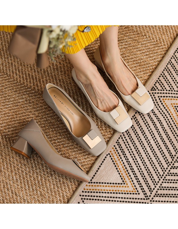 332-6 sheepskin square buckle thick heel middle he...