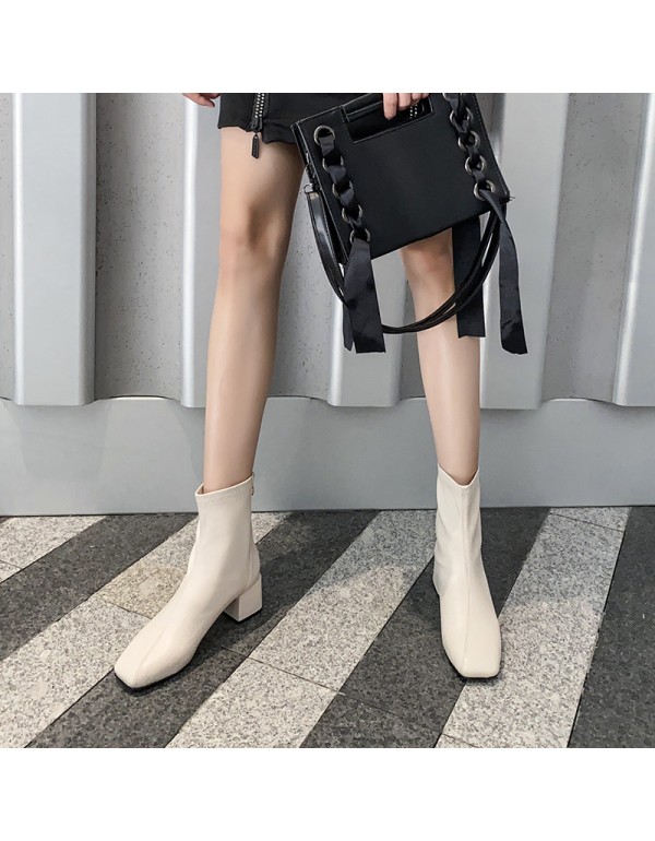 Autumn and winter 2022 new net red thin boots square head Plush middle tube thick heel zipper small shoes fashion women's Boots