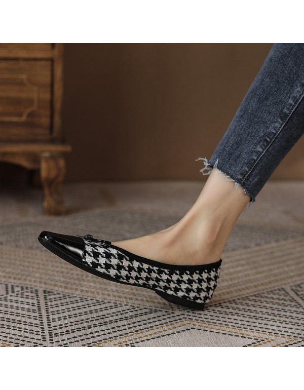 877-1 retro thousand bird lattice bow tie women's low heel shallow mouth single shoe 2021 autumn and winter new flat bottom small square head 