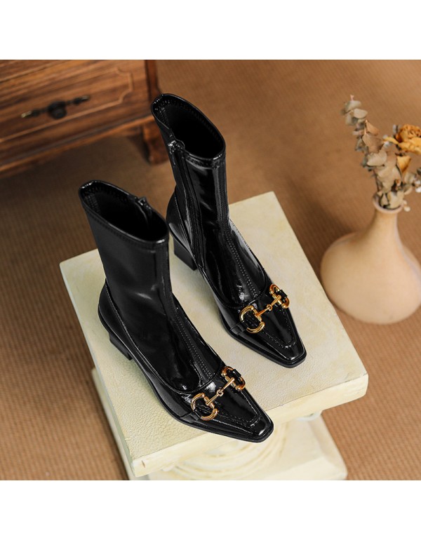 756-1 European and American metal buckle splicing thick heel high heel short boots women's side zipper small square head patent leather single boots fashion boots 