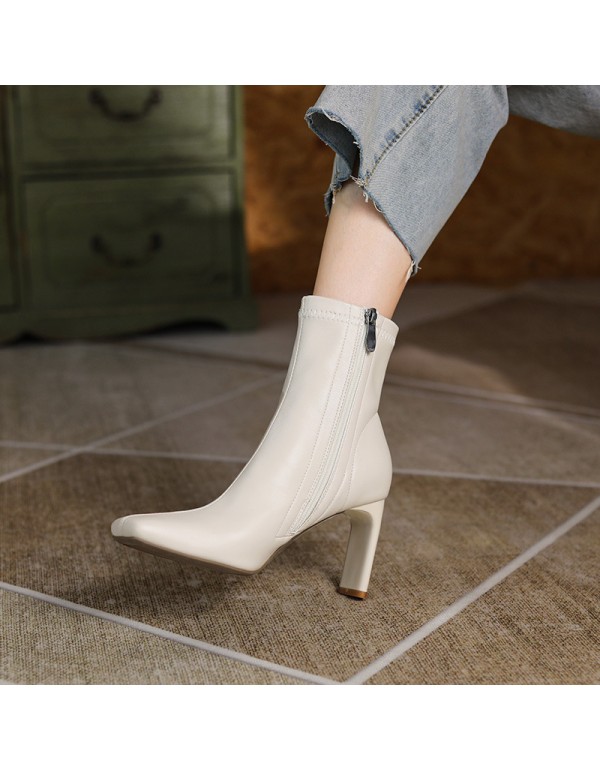 2178-8 high heel women's short boots square head thick heel side zipper low barrel fashion 2021 autumn and winter new Martin boots comfortable 