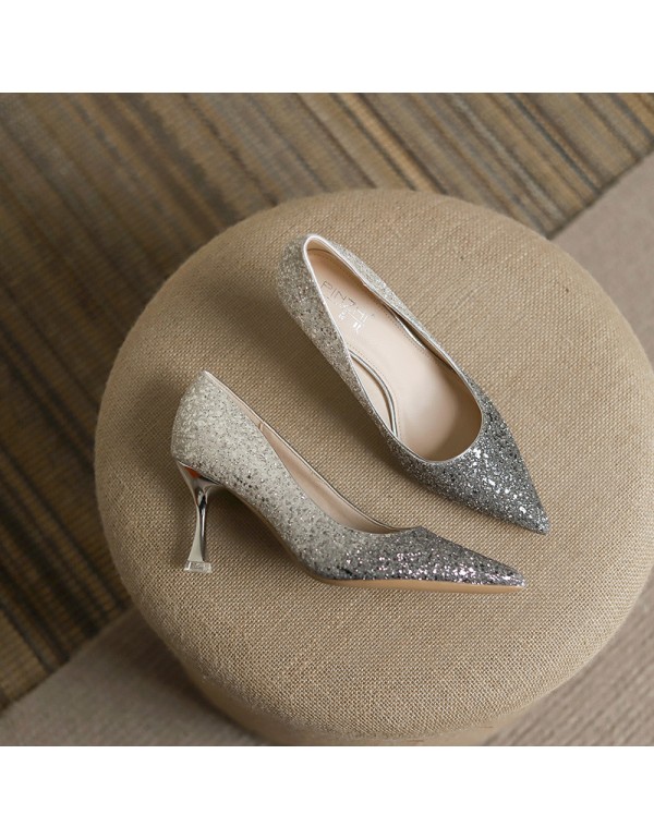 2021 autumn new versatile Sequin showsuit high sense crystal wedding shoes bride shoes high heels thin heels French style 