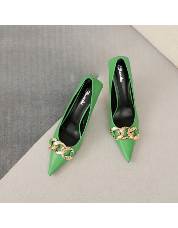 3212-3 single shoe women's 2021 spring and summer new European and American metal chain thin heel pointed fashion shoes professional high heels 