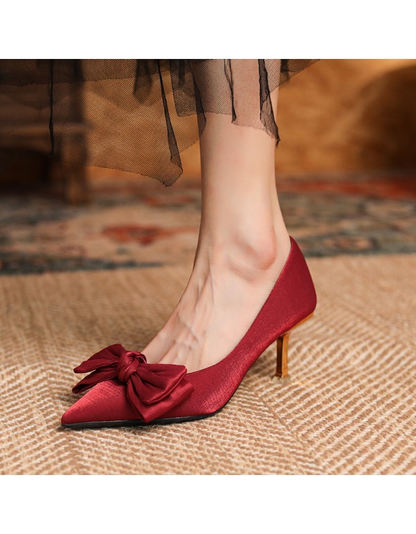 175-21 wine red wedding shoes Xiuhe high heels women's thin heels pointed single shoes not tired feet bride shoes soft leather 