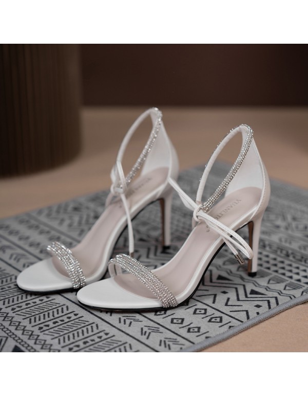 Huidong County yuanlitong ~ European and American high-heeled fashion women's shoes Rhinestone one-line belt net red bow front lace up single shoes 