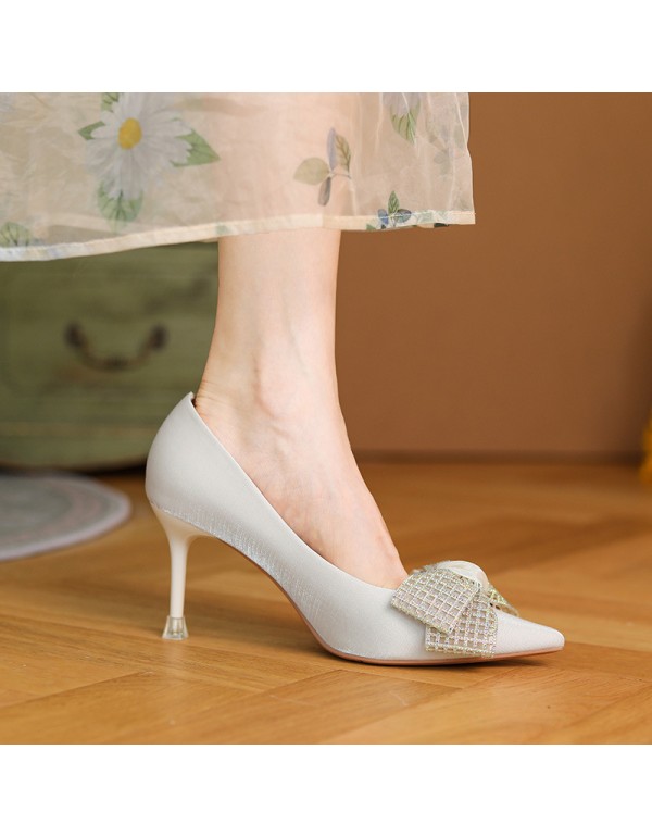 999-7 French romantic girl wedding shoes Satin Bridal Shoes high heels thin heels pointed single shoes Bridesmaid autumn new 