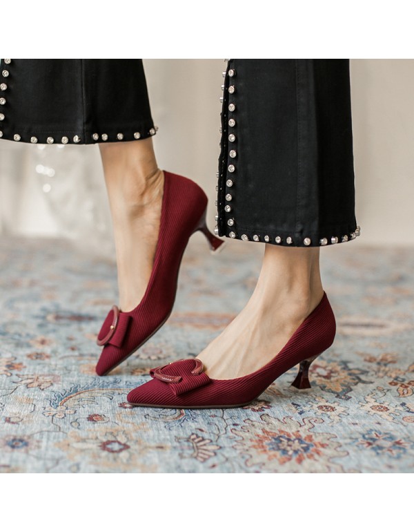 French style high heels 2021 summer new bow wine red single shoes women's thin heels 5cm middle heels 