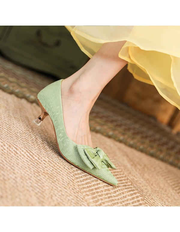 3186-6 sheepskin satin bow high heels women's pointed thin heel medium heel single shoes French retro 2021 autumn 