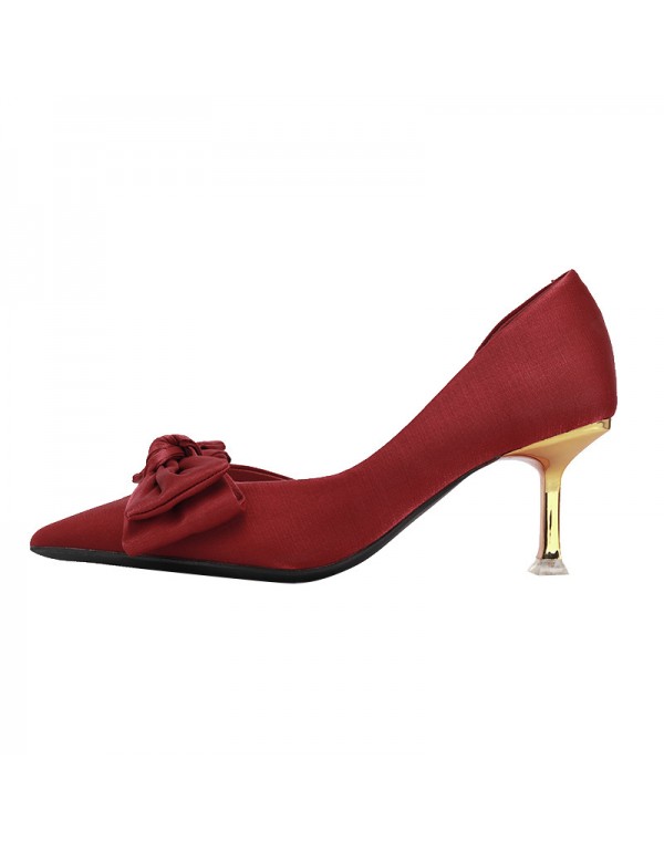 175-21 wine red wedding shoes Xiuhe high heels women's thin heels pointed single shoes not tired feet bride shoes soft leather 